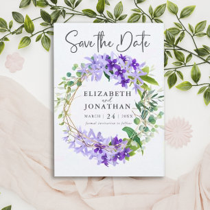 Save The Date Élégant Mariage de couronnes florales violettes or