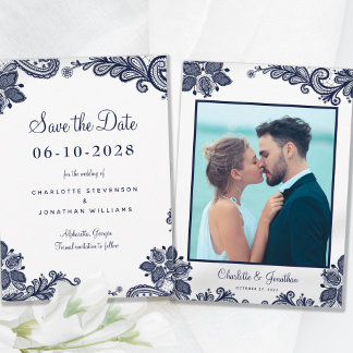 Save The Date Élégant Mariage de dentelle Fiançailles photo bleu