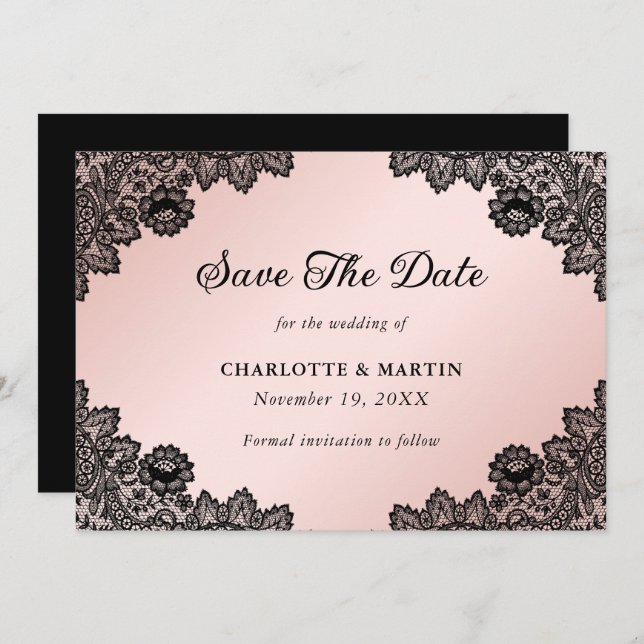 Save The Date Élégant Mariage de dentelle florale noir et blanc (Devant / Derrière)