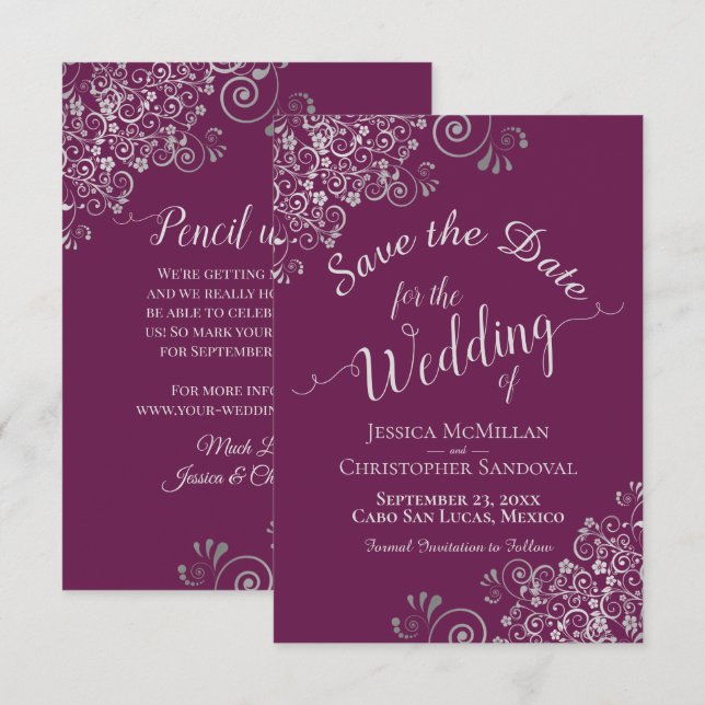 Save The Date Elégant Mariage de dentelle gris argent (Devant / Derrière)