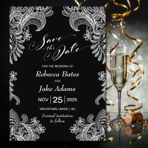 Save The Date Élégant Mariage de dentelle noir et blanc
