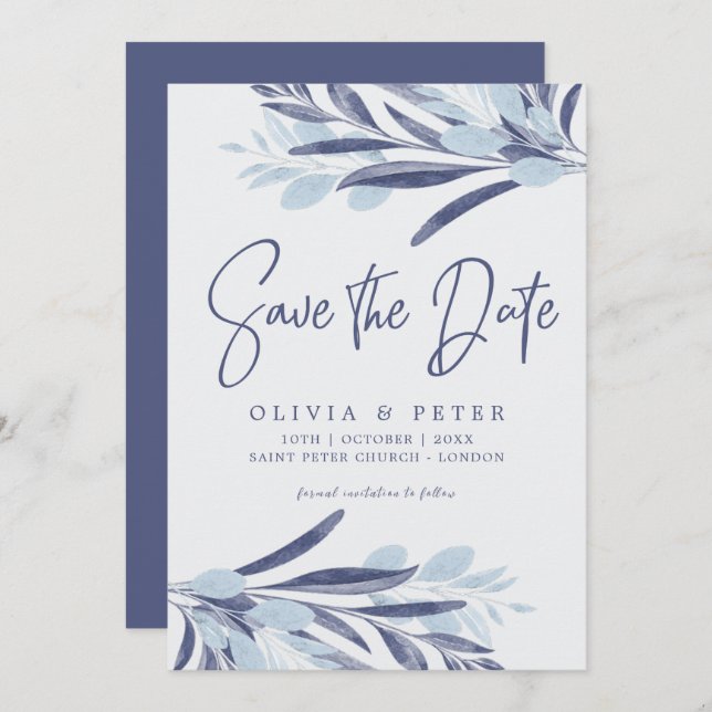 Save The Date Elégant Mariage de feuillage bleu aquarelle (Devant / Derrière)