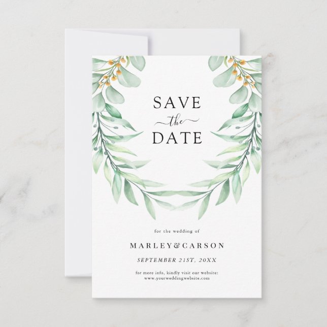 Save The Date Élégant Mariage de feuillage de verdure (Devant)