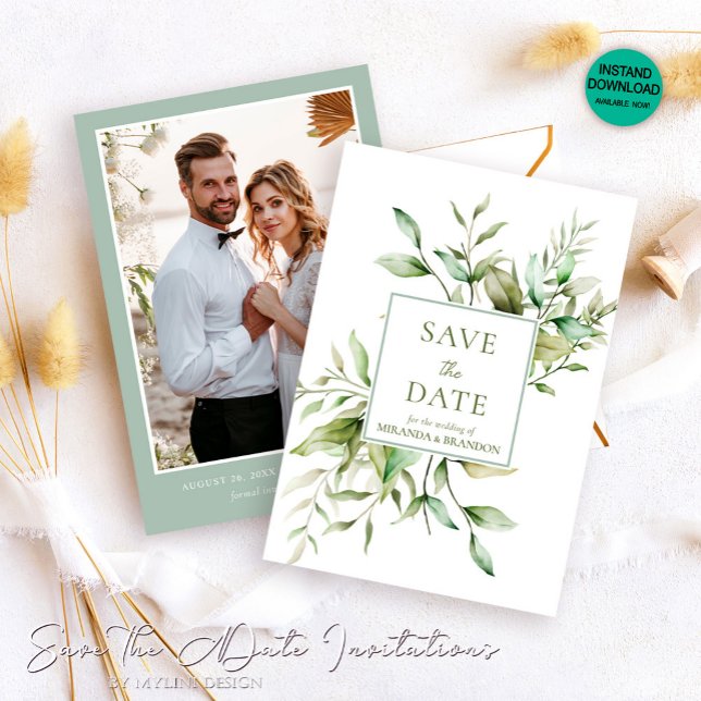 Save The Date Élégant Mariage de feuillage Eucalyptus Photo (Créateur téléchargé)