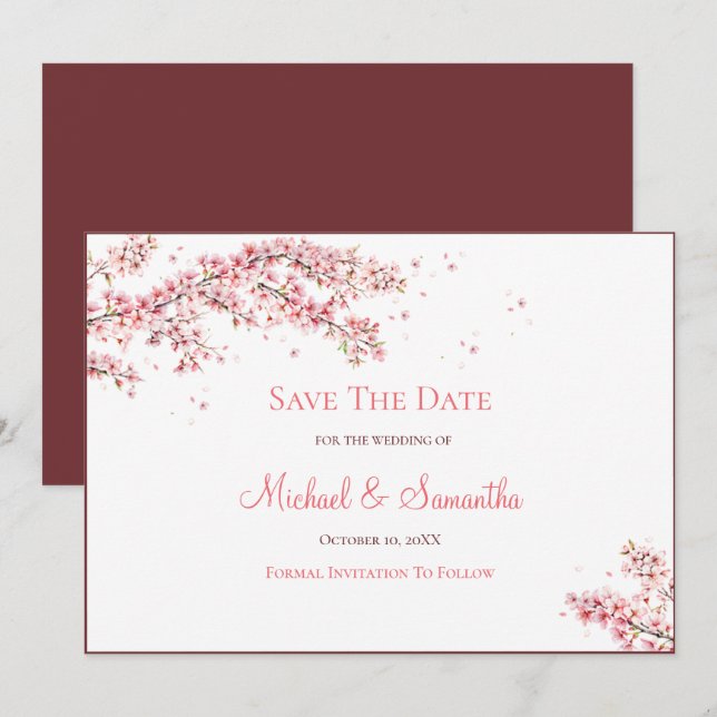 Save The Date Élégant Mariage de fleurs de cerisier (Devant / Derrière)