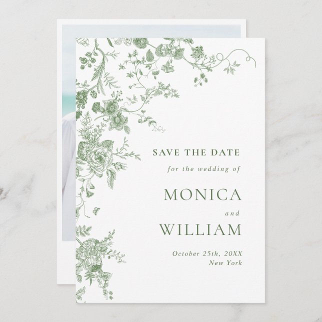 Save The Date Élégant Mariage de fleurs de France vert victorien (Devant / Derrière)