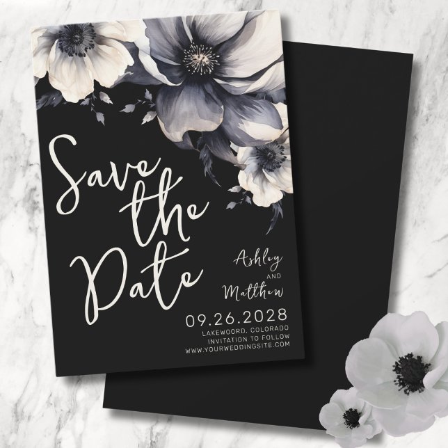 Save The Date Élégant Mariage de fleurs noires (Script Modern Elegant Floral Black White Wedding Save The Date)