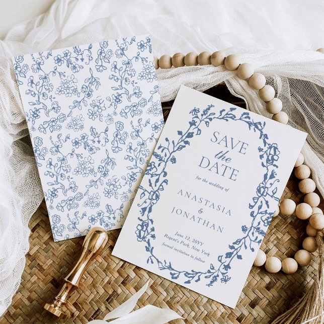 Save The Date Élégant Mariage de fleurs victorien bleu Dusty (Créateur téléchargé)