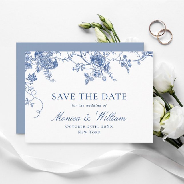 Save The Date Élégant Mariage de Floral Bleu Victorien Français (Créateur téléchargé)