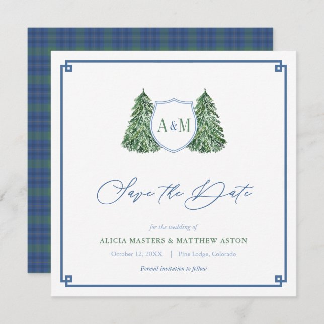 Save The Date Élégant Mariage de forêt d'hiver Monogram Tartan (Devant / Derrière)