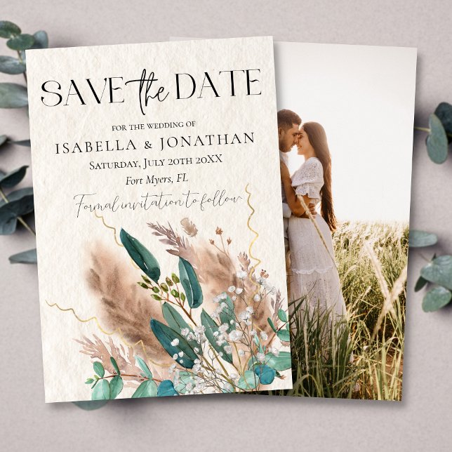 Save The Date Elégant Mariage de laiton Eucalyptus & Pampas (Créateur téléchargé)