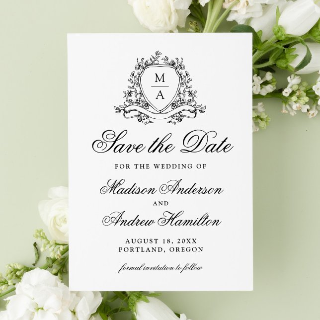 Save The Date Élégant Mariage de monogramme de crête florale noi (Créateur téléchargé)