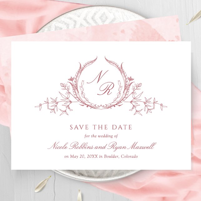 Save The Date Élégant Mariage de monogramme rose, calligraphie (Créateur téléchargé)