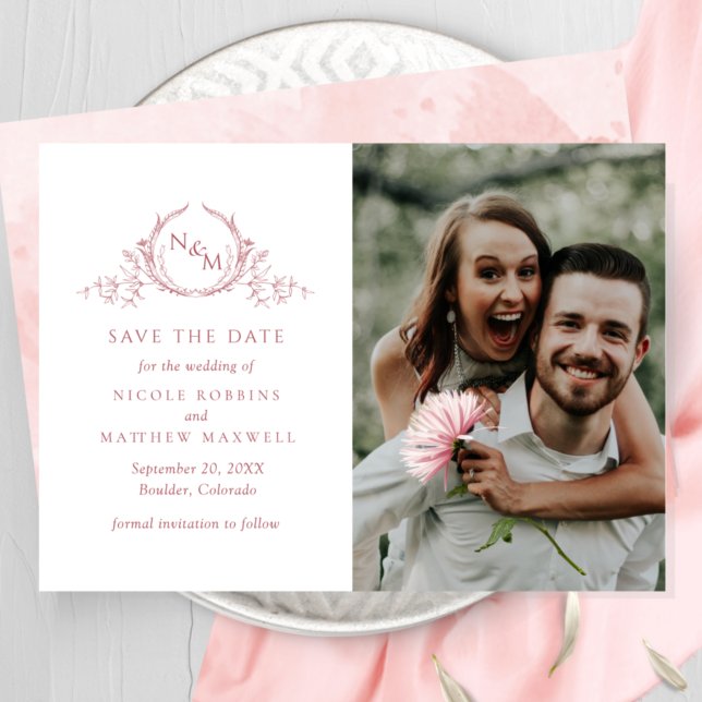 Save The Date Élégant Mariage de monogramme rose pâle photo (Créateur téléchargé)