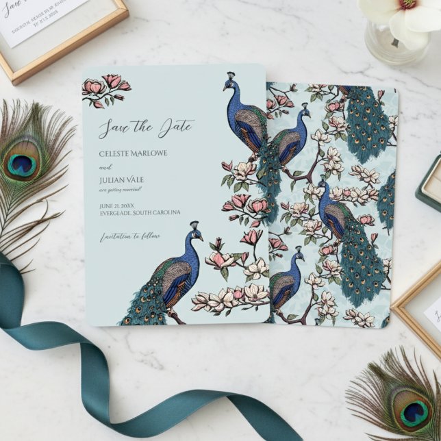 Save The Date Élégant Mariage de paon bleu floral (Blue Peacock Save the Dates for Modern Bird Wedding. Vintage Floral Peacock Chinoiserie Engagement )