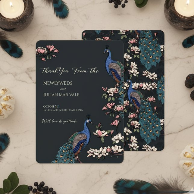 Save The Date Élégant Mariage de paon noir floral (Black Peacock Save the Dates for Modern Bird Wedding. Vintage Floral Peacock Chinoiserie Engagement )