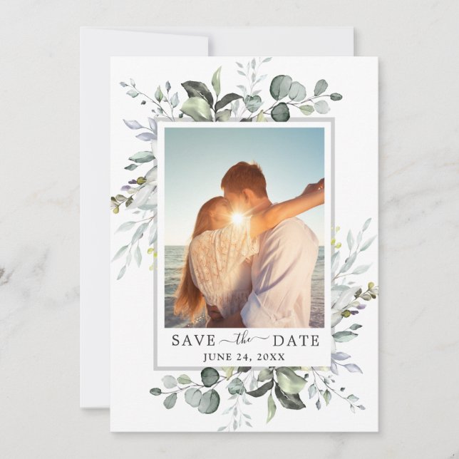 Save The Date Elégant Mariage de PHOTO Eucalyptus aquarelle (Devant)