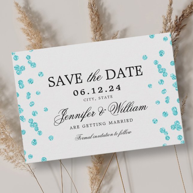 Save The Date Élégant Mariage de script Confetti Turquoise (Elegant Script Wedding Confetti Turquoise Save The Date)