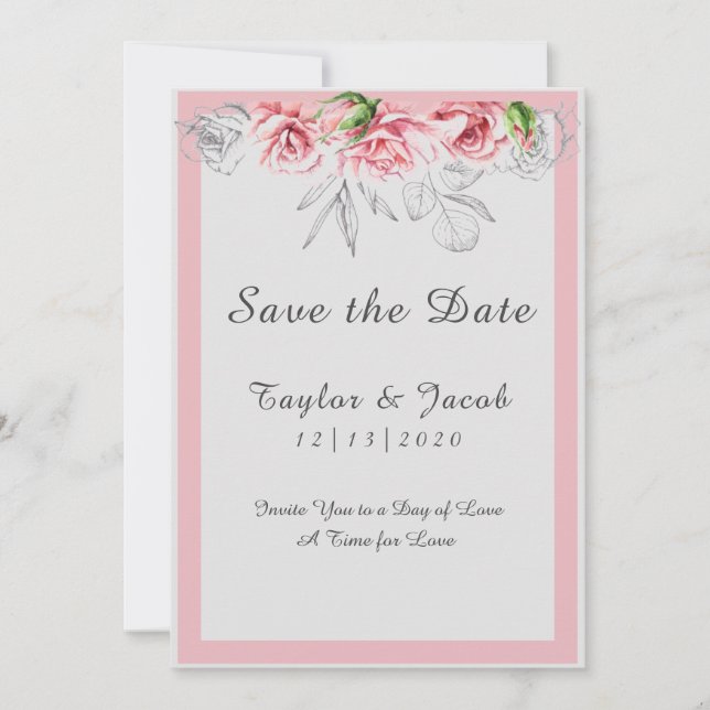Save The Date Élégant Mariage de script floral gris rose (Devant)