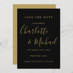 Save The Date Élégant Mariage de script noir et or
