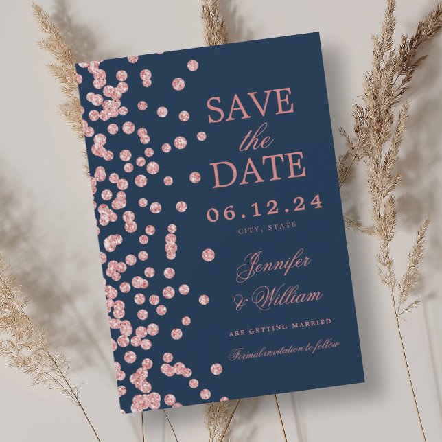 Save The Date Élégant Mariage de script Rose Gold Confetti Navy (Elegant Script Wedding Rose Gold Confetti Navy Save The Date)