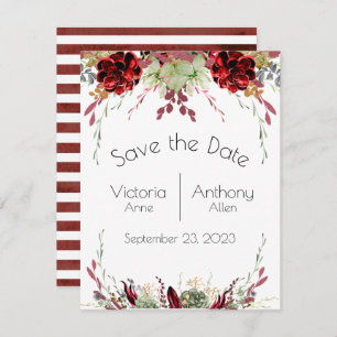 Save The Date Élégant Mariage de succulents de Marsala bordeaux
