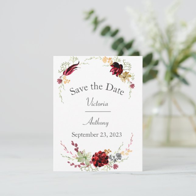 Save The Date Élégant Mariage de succulents Marsala Bourgogne Sa (Debout devant)
