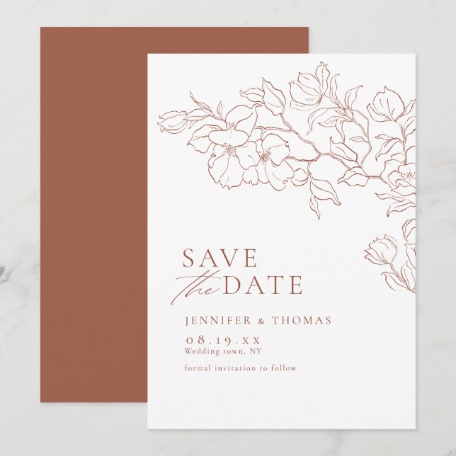 Save The Date Élégant mariage de terre cuite florale dessiné à l (Devant / Derrière)