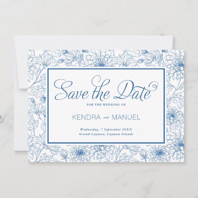 Save The Date Élégant Mariage de Toile Florale Bleu Français (Devant)