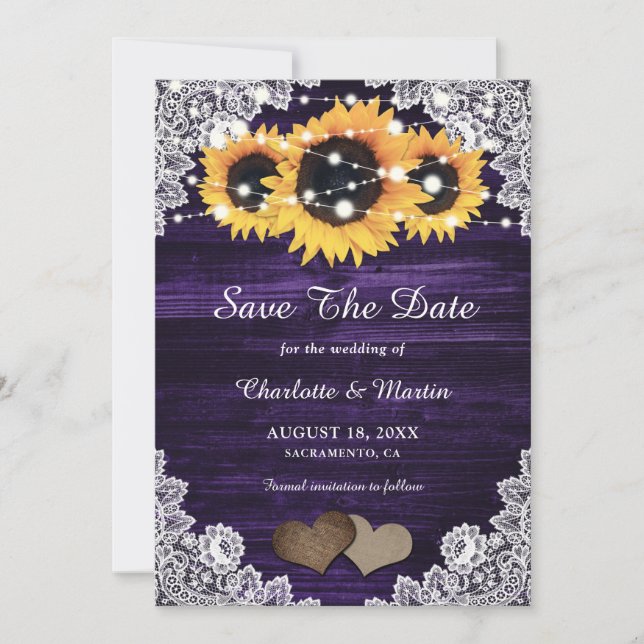Save The Date Elégant Mariage de tournesol en bois violet (Devant)