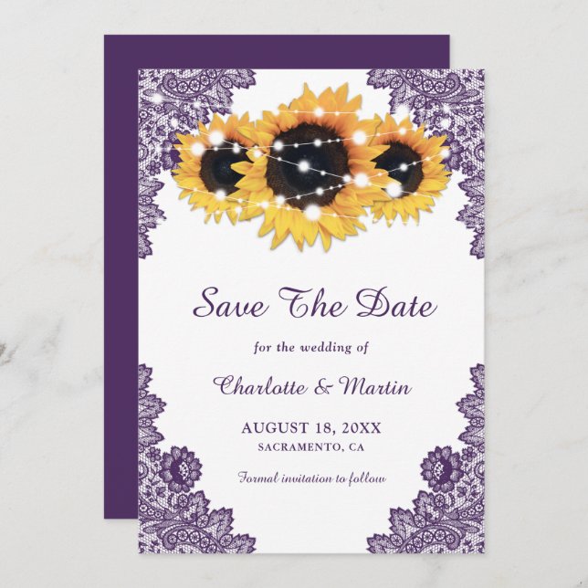 Save The Date Élégant Mariage de tournesol violet rustique (Devant / Derrière)