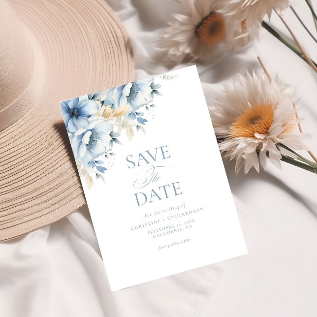 Save The Date Élégant Mariage de trame géométrique Floral bleu (Créateur téléchargé)