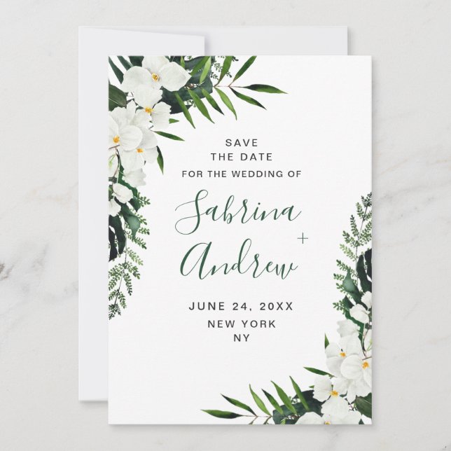 Save The Date Elégant Mariage de verdure Bohème Orchidée Blanche (Devant)