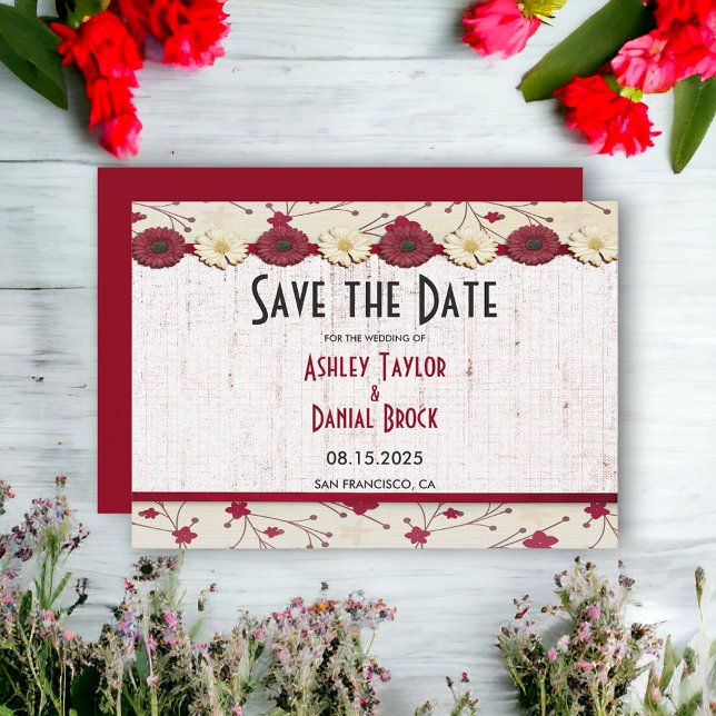 Save The Date Élégant Mariage d'été à cadre floral rouge Bourgog (Créateur téléchargé)