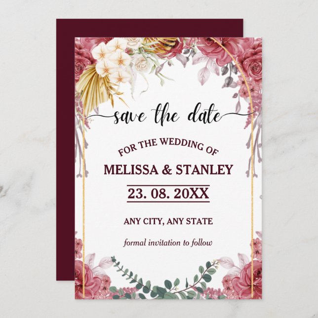 Save The Date Élégant Mariage d'Eucalyptus Or Bourgogne Floral (Devant / Derrière)