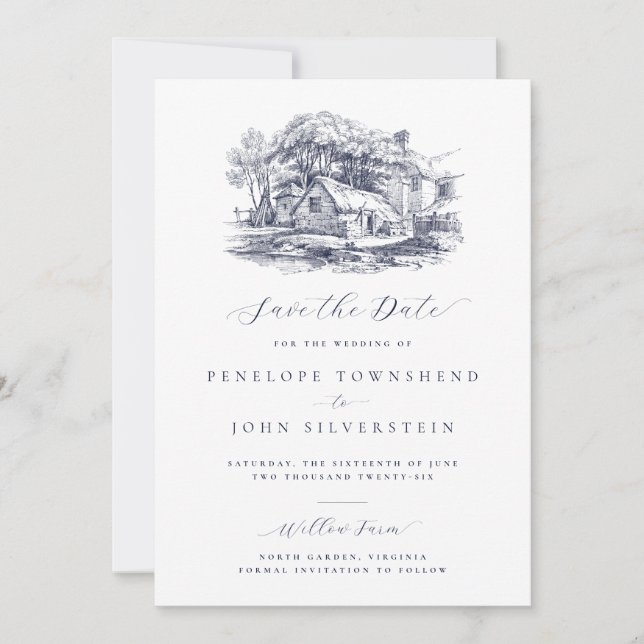 Save The Date Élégant Mariage d'illustration de ferme rustique (Devant)