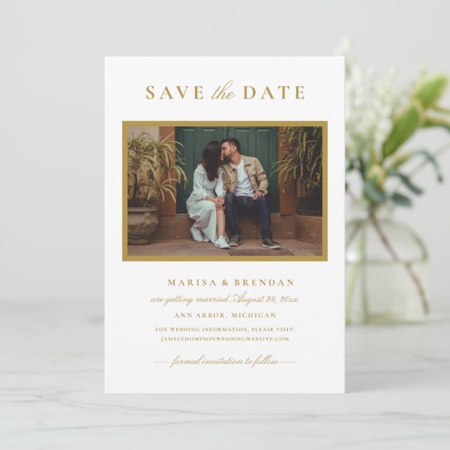Save The Date Elégant Mariage d'or antique photo (Debout devant)