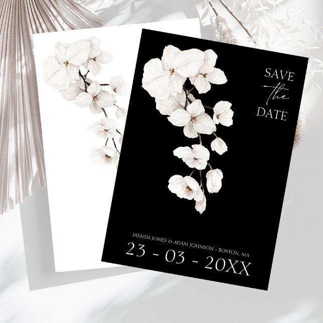 Save The Date Élégant Mariage d'orchidée noire et blanche (Modern Black and White Orchids Floral Wedding Save the Dates)
