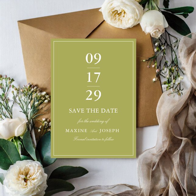 Save The Date Élégant mariage écriture vert olive (Elegant olive green save the dates build anticipation with graceful and timeless appeal.)