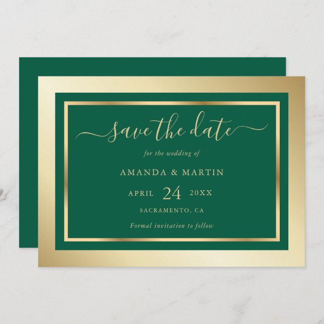 Save The Date Élégant Mariage Emerald personnalisé vert et or (Devant / Derrière)