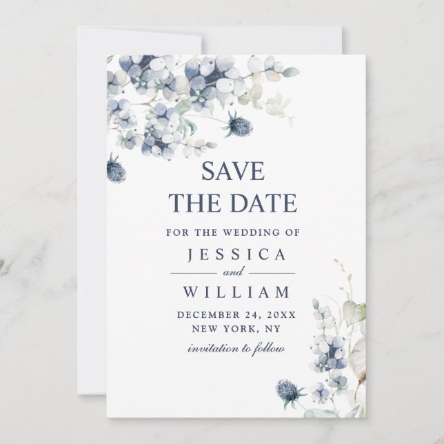 Save The Date Elégant mariage en feuillage bleu Dusty Enregistre (Devant)