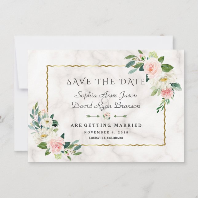 Save The Date Elégant Mariage en marbre à cadre or rose Fleurs (Devant)