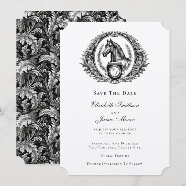 Save The Date Élégant Mariage Equestre Formel Monogram Crest (Devant / Derrière)