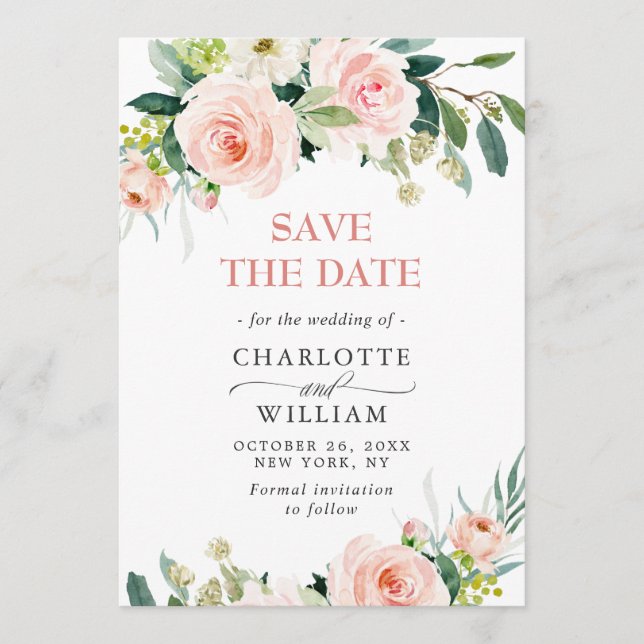 Save The Date Élégant Mariage Eucalyptus Blush Fleurs Roses (Devant)