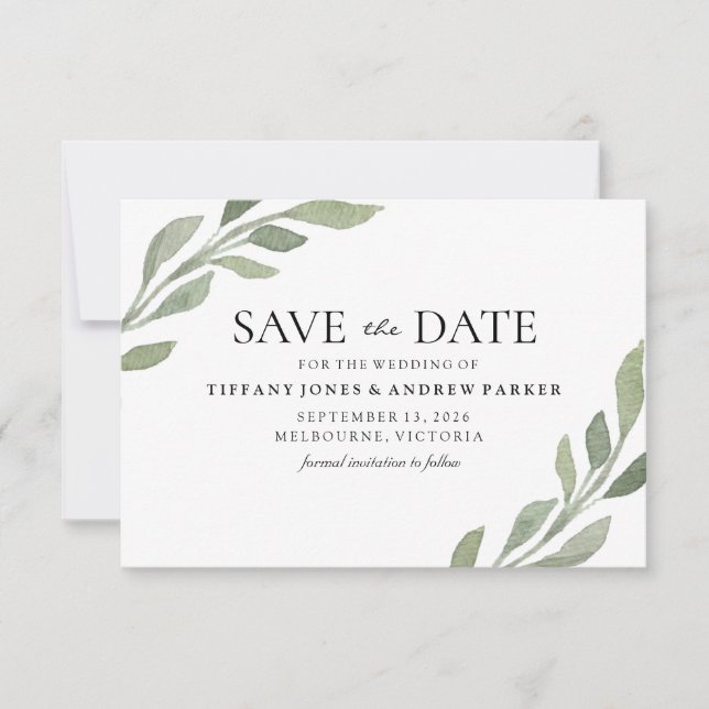 Save The Date Élégant Mariage Feuille De Verdure Enregistrer La  (Devant)