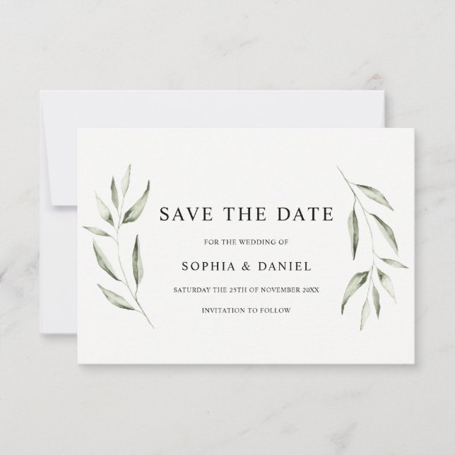 Save The Date Élégant mariage feuille verte aquarelle (Devant)