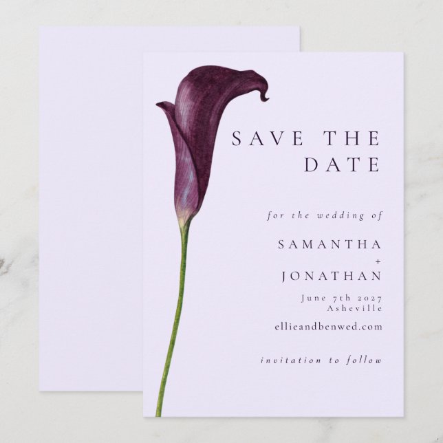 Save The Date Élégant mariage fleur de lys calla pourpre (Devant / Derrière)