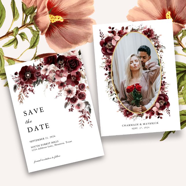 Save The Date Élégant Mariage Fleur Rose Rouge Bourgogne (Créateur téléchargé)