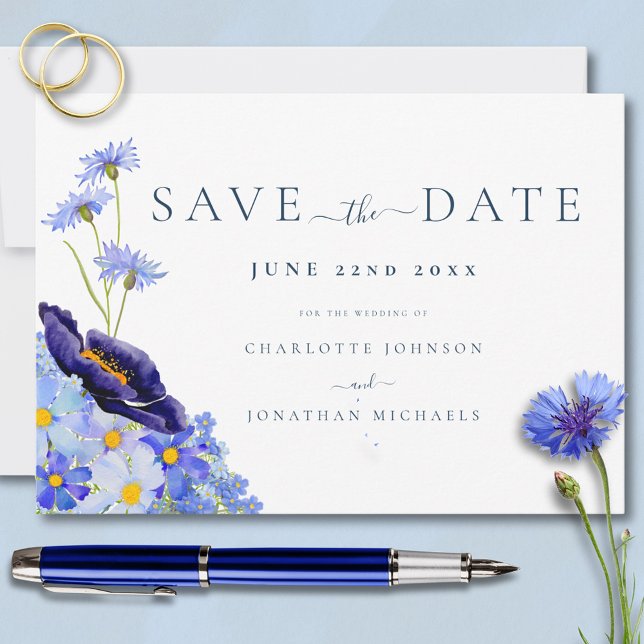 Save The Date Élégant Mariage Fleur sauvage (Elegant wildflower blue wedding save the date invitation )