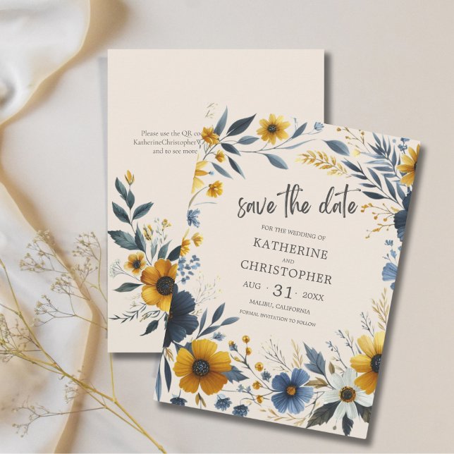 Save The Date Élégant Mariage Fleur sauvage beige (Watercolor Wildflowers Beige Wedding Save the Date with Blue and Yellow wildflowers, QR Code.)